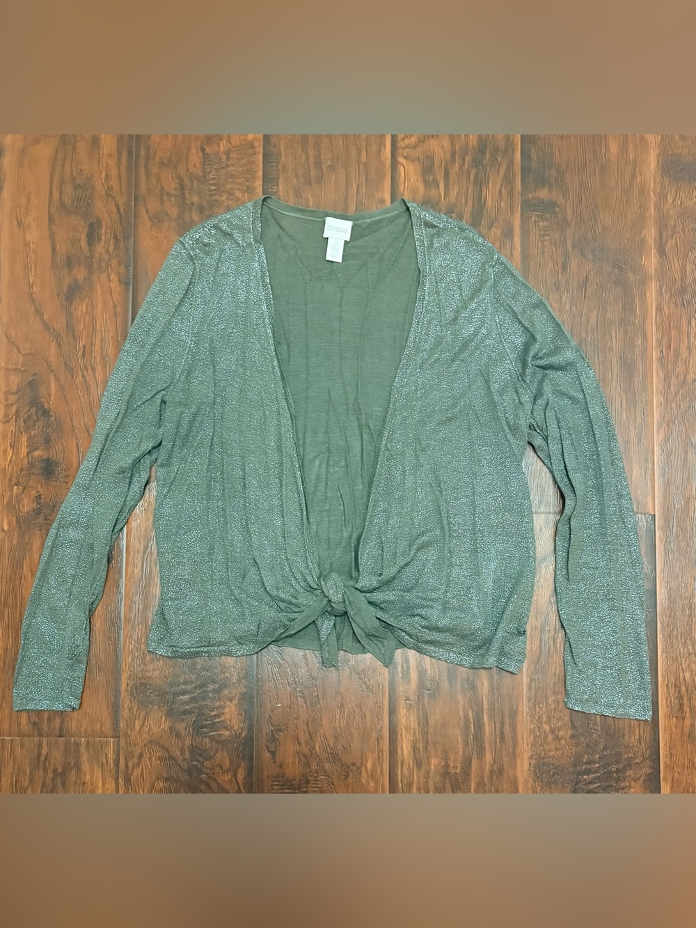 Chico’s Green Metallic Shimmer Tie Front Cardigan Size 2